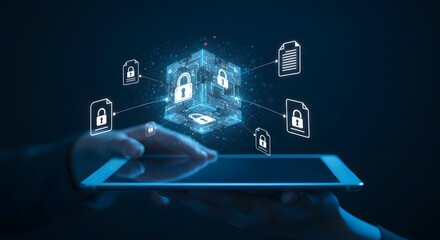 Data security concept with glowing digital padlock icons floating above a tablet screen