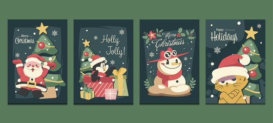 Set of Christmas and holiday greeting cards with cute character including Santa, penguin, snowman, and cat. Vector illustration