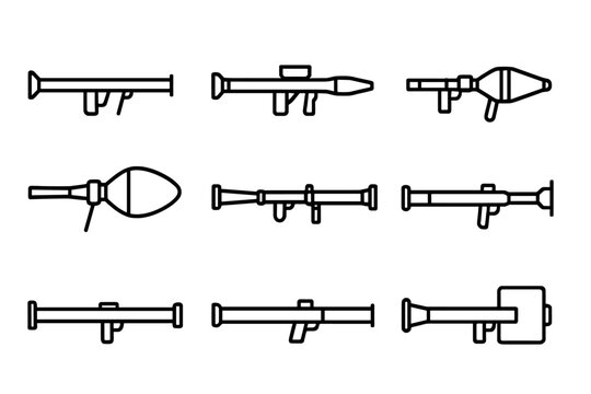 Bazooka Icon Set. Outline icon set of bazooka historical models: M1 bazooka, M9 bazooka, RPG-, Panzerfaust, Carl Gustaf, AT4, LAW, Panzerschreck. Line icons in