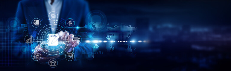 Businessman using mobile smartphone and Agenda connecting data business planning, strategic scheduling, corporate goals, productivity alignment, organizational management.