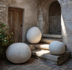 Three large, smooth, light-gray stone spheres rest on weathered stone steps within an old stone building's interior courtyard.