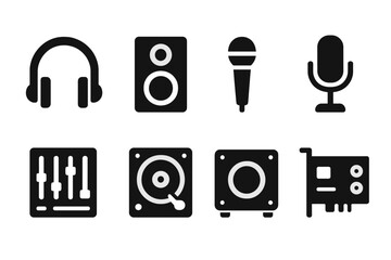 Sound Equipment Icons. Solid, filled icon set of sound equipment: headphones, speakers, microphones, audio mixer, DJ turntable, amplifier, subwoofer, sound