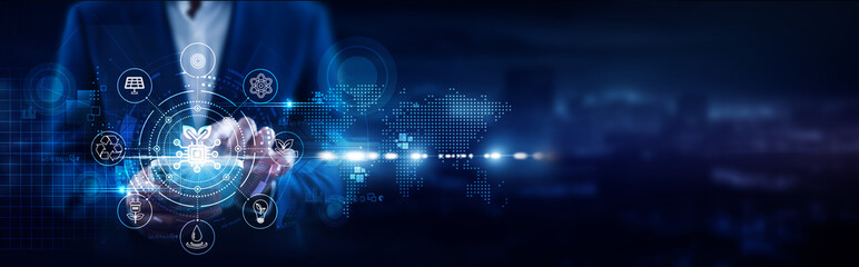 Businessman using mobile smartphone and AgTech connecting data precision farming, smart irrigation, crop analytics, agricultural drones, sustainable food technology.