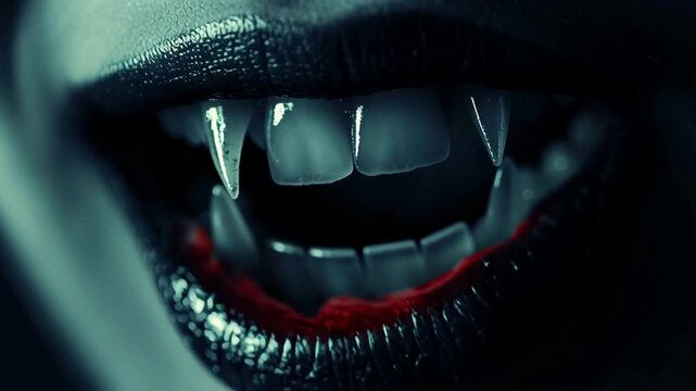 Close-up of a vampire's mouth with sharp fangs glistening in moonlight against a blurred gothic castle creating a spooky ambience. Halloween