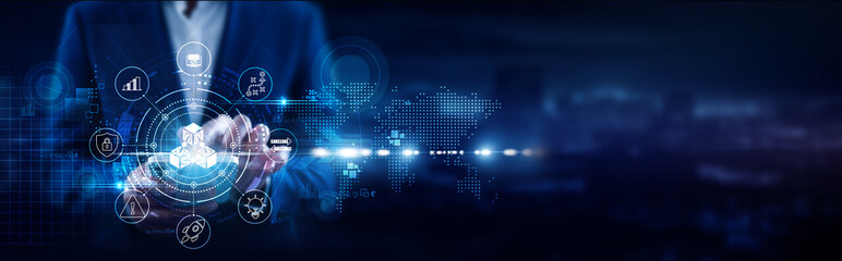 Blockchain Technology, Businessman using mobile smartphone and decentralized platforms connecting data digital ledgers, smart contracts, cryptocurrency systems, peer-to-peer transactions, transparency