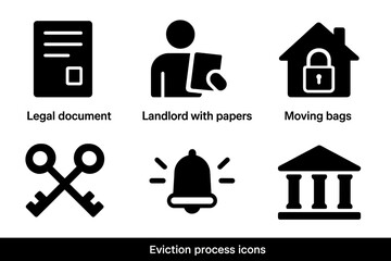 Eviction Icon Set. Solid, filled icon set of eviction process: legal document, landlord with papers, moving bags, house with lock, crossed keys, alarm alert,