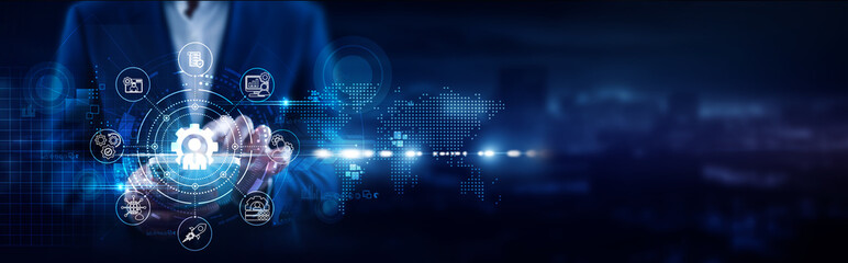 Business Administration, Businessman using mobile smartphone and management systems connecting data organizational planning, workflow optimization, leadership development, strategic growth