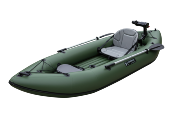 Inflatable kayak isolated on a clean backdrop, green single person boat for fishing and recreation