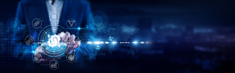 Business Integration, Businessman using mobile smartphone and enterprise platforms connecting data...