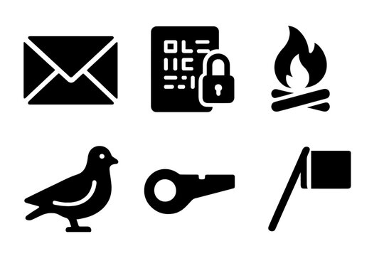Secret Message Icons. Solid, filled icon set of secret messages: envelope, locked diary, coded paper, smoke signal, pigeon, whistle, Morse code, signal flag.