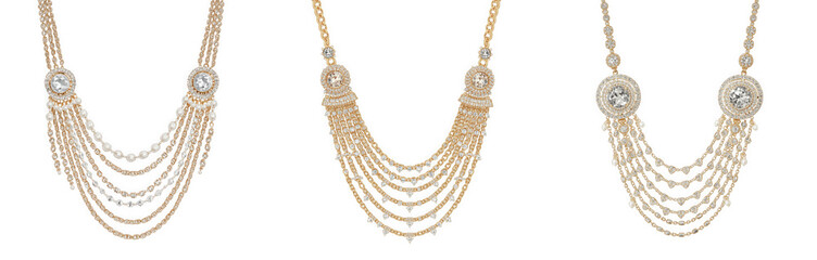 Three delicate gold necklaces with pearl and diamond pendants, isolated on transparent background