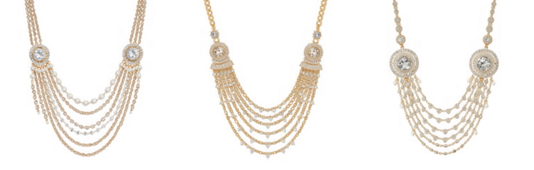 Three delicate gold necklaces with pearl and diamond pendants, isolated on transparent background
