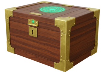 Wooden treasure chest with glowing magic symbol isolated, fantasy container for game asset or magical storage on transparent background