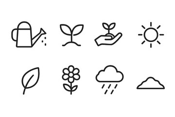 Nurture Icon Set. Outline icon set of nurture: watering can, sprouting plant, hand holding seedling, sun, leaf, flower, rain cloud, soil. Line icons in only