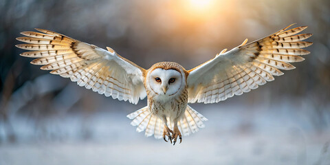 A barn owl glides gracefully through a winter landscape. The backdrop features soft snow and a colorful sunset, highlighting the owl's impressive wings in motion