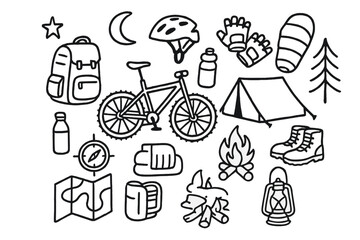 Fototapeta premium Bike Camping Essentials. Hand-drawn doodle illustration Bike camping trip mountain bike, tent, campfire, backpack, water bottle, helmet, gloves, star, moon,