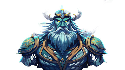 Colossal frost giant towering above fjord, icy braided beard, horned bone crown, glowing runes across chest, storm clouds swirling, aurora lights shimmering, semi-realistic vector style, transparent 