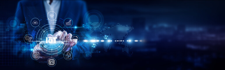 IoT (Internet of Things), Businessman using mobile smartphone and connected devices connecting data smart homes, wearables, industrial sensors, automation, real-time monitoring, cloud integration.