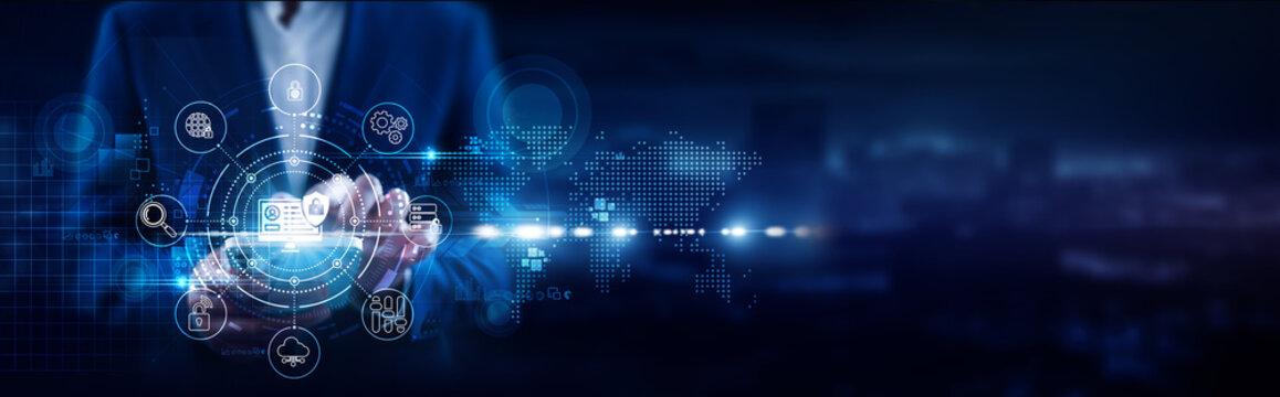 Information Security, Businessman using mobile smartphone and protection systems connecting data firewalls, encryption, threat detection, malware defense, access control, compliance.