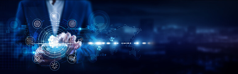 Machine Learning, Businessman using mobile smartphone and predictive models connecting data...