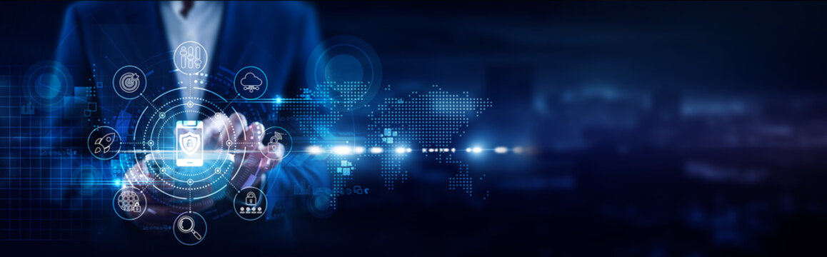Mobile Security, Businessman using mobile smartphone and protection tools connecting data encryption, biometric authentication, malware defense, secure apps, threat detection, compliance.