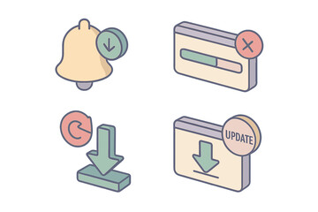 Download Notifications Icons. Isometric vector illustration set Download notification and alerts: bell icon with download alert,