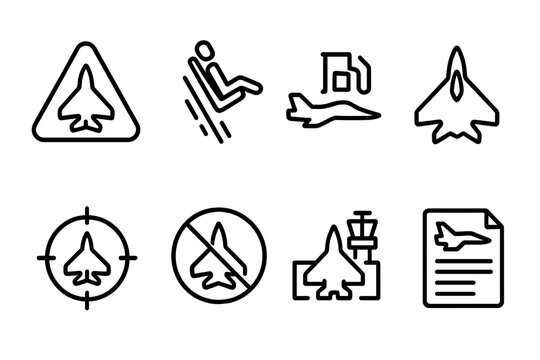 Fighter Jet Icon Set. Outline icon set of fighter jet symbols: warning sign, ejection seat, fuel symbol, stealth mode, target lock, no-fly zone, airbase,