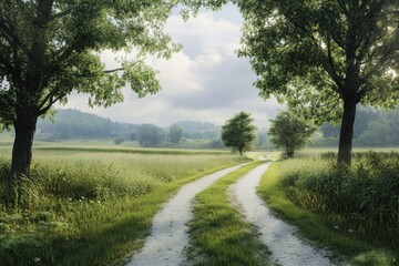 Scenic country path winding through lush green fields under a cloudy sky