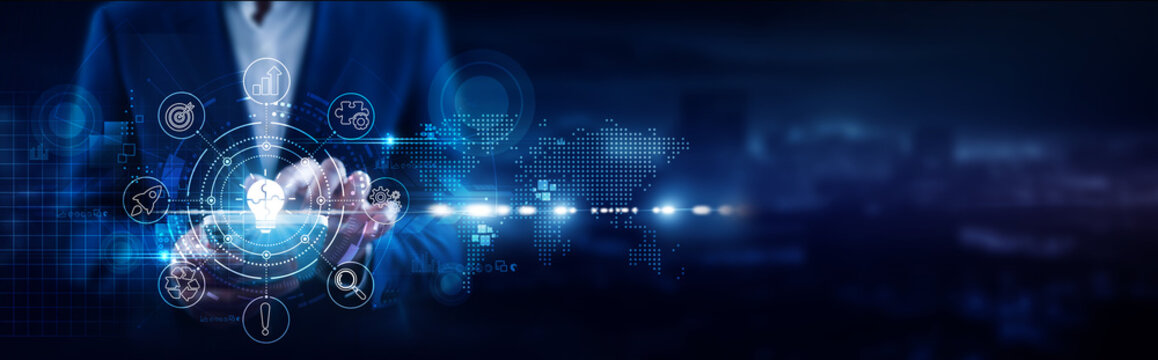 Solutions, Businessman using mobile smartphone and enterprise platforms connecting data SaaS applications, customer engagement, digital transformation, AI analytics, cloud services