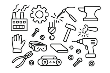 Fototapeta premium Factory Tools Doodle. Hand-drawn doodle illustration industrial metal factory, gear, welding torch, anvil, hammer, metal sheet, drill, pliers, bolts, nuts,