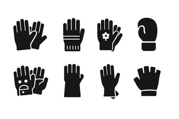 Fototapeta premium Various Glove Icons. Solid, filled icon set of gloves types: leather gloves, winter gloves, gardening gloves, boxing gloves, driving gloves, welding gloves,