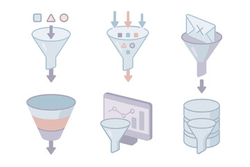 Data Funnel Graphics. Isometric vector illustration set Digital filter and funnel metaphor: data funnel icon, information flow