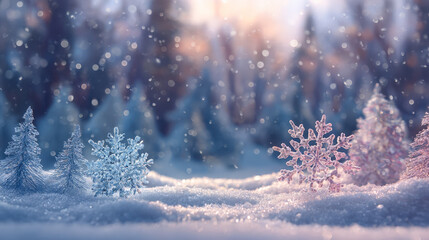 Naklejka premium A stunning, ethereal winter scene featuring large, crystalline snowflakes (one blue, one pink) and miniature frosted pine trees nestled in a mound of glittering snow.
