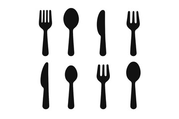 Black Silverware Icons. Solid, filled icon set of silverware essentials: dinner fork, soup spoon, butter knife, dessert fork, steak knife, teaspoon, salad