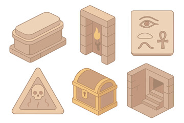 Lost Tomb Icons. Isometric vector illustration set Lost tomb mysteries: sealed stone sarcophagus, hidden passage torch, secret