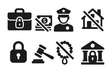 Asset Forfeiture Icons. Solid, filled icon set of asset forfeiture: locked briefcase, confiscated cash, police officer, seized property, security lock, auction