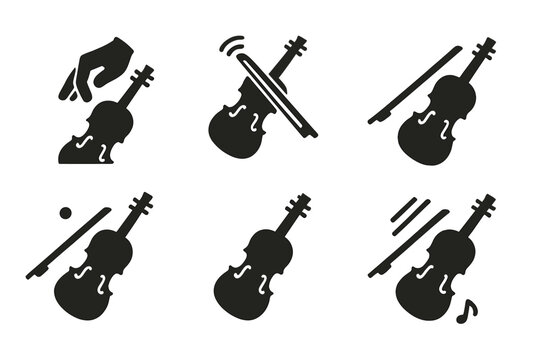 Violin Techniques Icons. Solid, filled icon set of violin playing techniques: pizzicato, vibrato, legato, staccato, double stop, tremolo, harmonics, spiccato.
