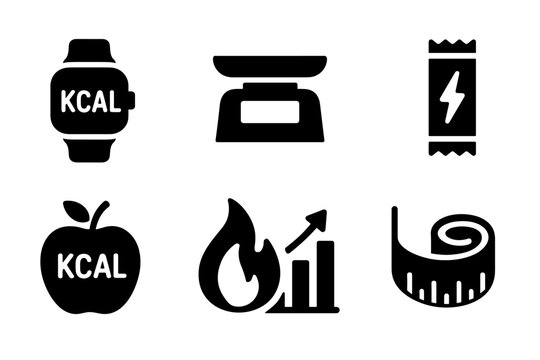 Calorie Measurement Icons. Solid, filled icon set of calories measurement: calorie counter, food scale, nutrition label, energy bar, apple with calories,