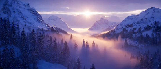 Winter forest in mountains with purple sunrise light. Concept of frosty calm, magic scenery, and peaceful seasonal landscape.