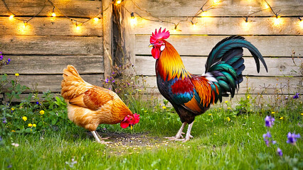  Close-up of fluffy hen and proud rooster near decorated chicken coop with lights, concept of farming, rural life, and animal care.