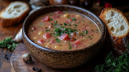 A bowl of rich, creamy clam chowder with fresh parsley and a slice of crusty bread on the side