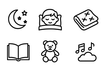 Bedtime Story Icons. Outline icon set of bedtime storybook: moon and stars, sleeping child, night lamp, cozy blanket, storybook, teddy bear, lullaby music