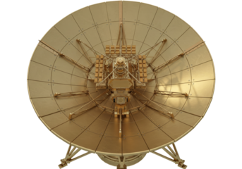 Golden satellite dish isolated on transparent background, communication technology for space exploration and scientific research