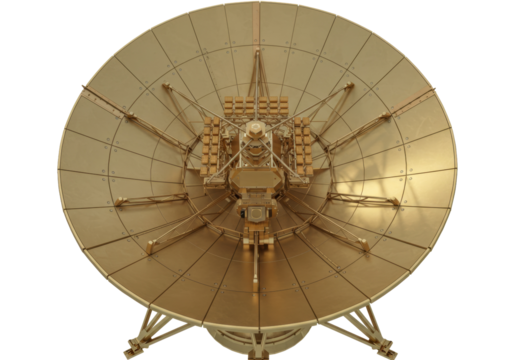 Golden satellite dish isolated on transparent background, communication technology for space exploration and scientific research