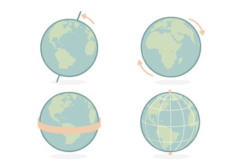 Isometric Earth Diagram. Isometric vector illustration set globe spin axis geography: earth axial tilt diagram, rotating globe