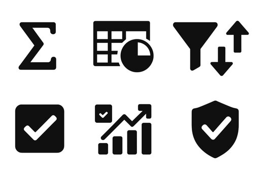 Spreadsheet Function Icons. Solid, filled icon set of spreadsheet functions: sum function, average calculation, pivot table, filter icon, sort