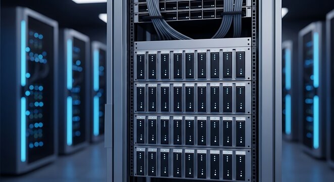 A view of a server rack with multiple servers and cables in a data center with blue lights