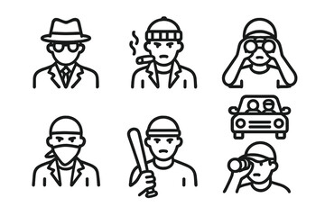 Gang Icon Set. Outline icon set of gang members: leader, henchman, lookout, getaway driver, negotiator, enforcer, tattoo artist, lookout. Line icons in only