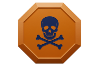 Orange octagon with blue skull and crossbones isolated PNG, danger sign for poison or toxic material on transparent background