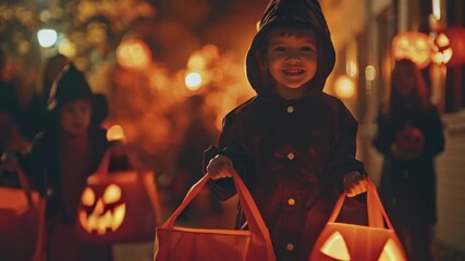 Children in diverse Halloween costumes trick-or-treating with pumpkins and Jack-o'-lanterns in a festive setting. Halloween